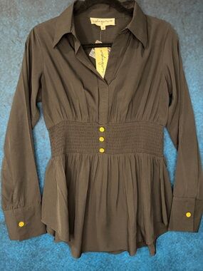 Black Long-Sleeve Smocked Waist Blouse with Gold Buttons - WISHING WAVES